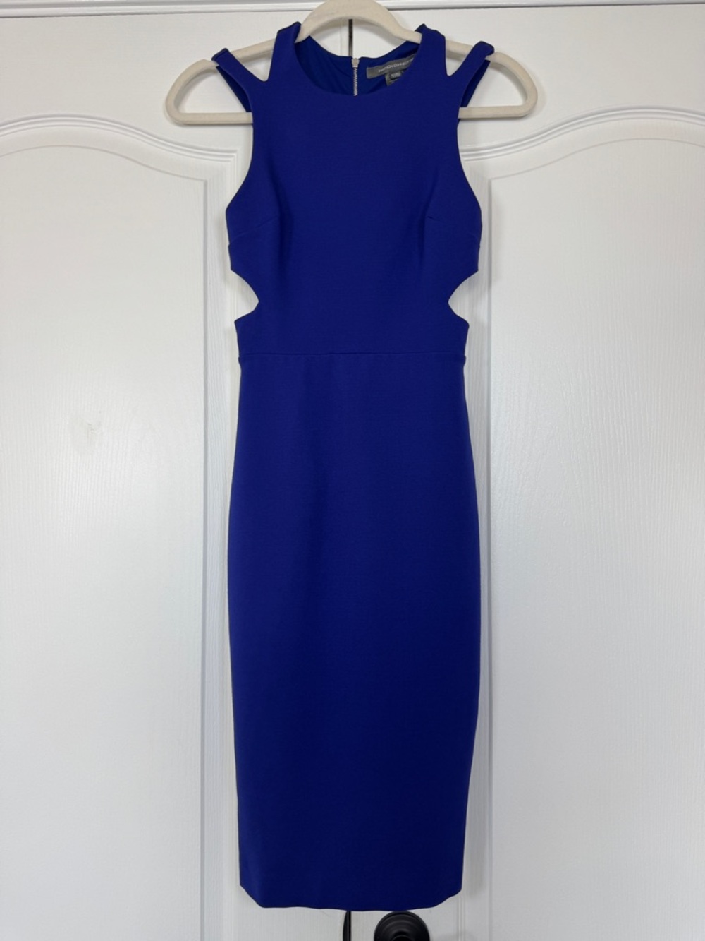 French Connection Royal Blue Cut Out Bodycon Midi Dress Double Strap Detail Sz 2